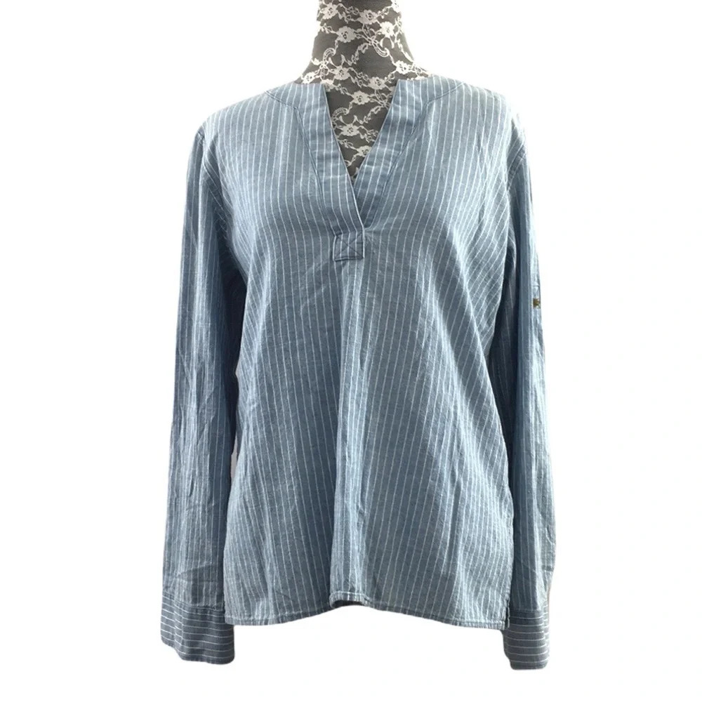 Lauren Jeans Co Ralph Blue White Stripe Denim Shirt Womens XS Long Sleeve Cotton